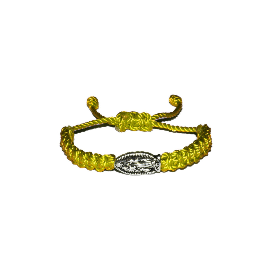 Our Lady Of Guadalupe Silver Bead Macrame Baby Bracelet (Yellow String)