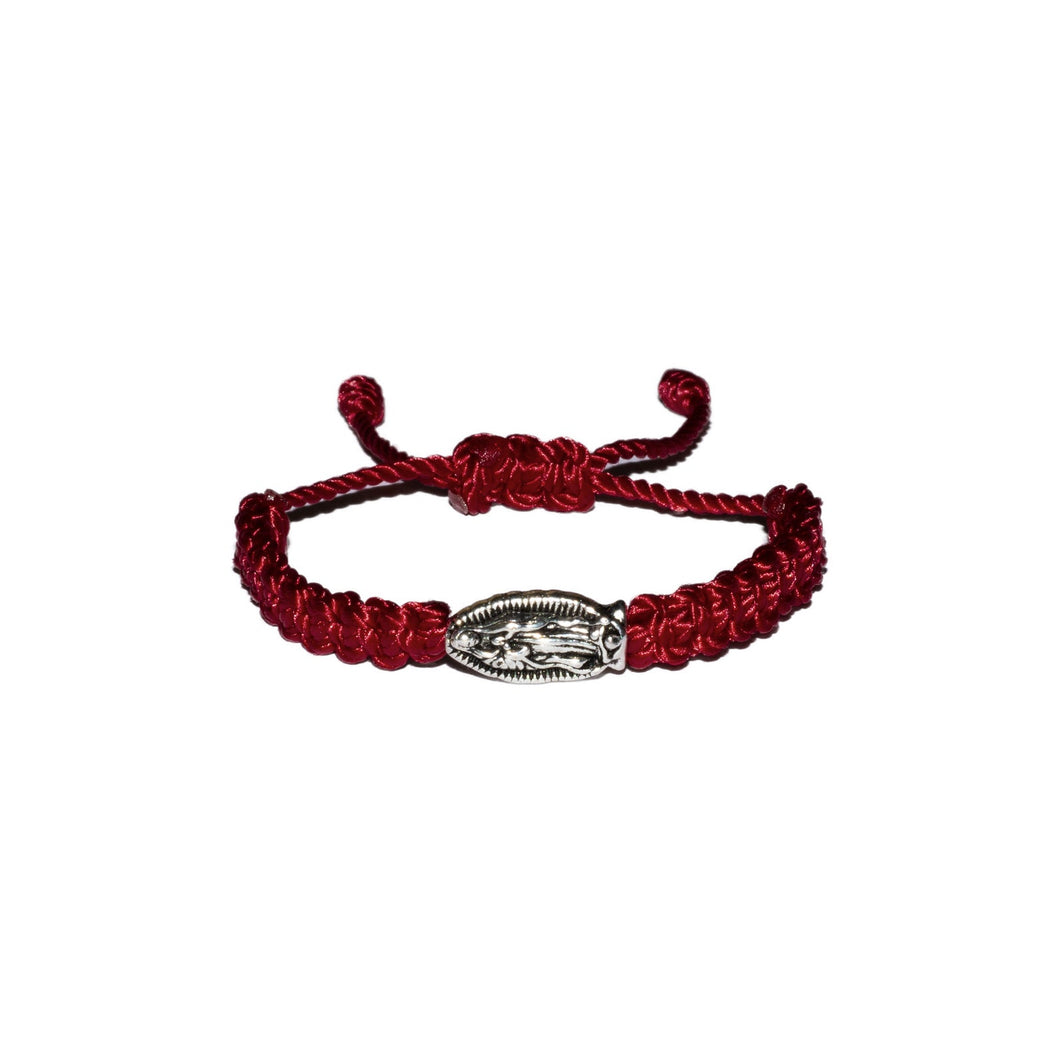 Our Lady Of Guadalupe Silver Bead Macrame Baby Bracelet (Burgundy String)