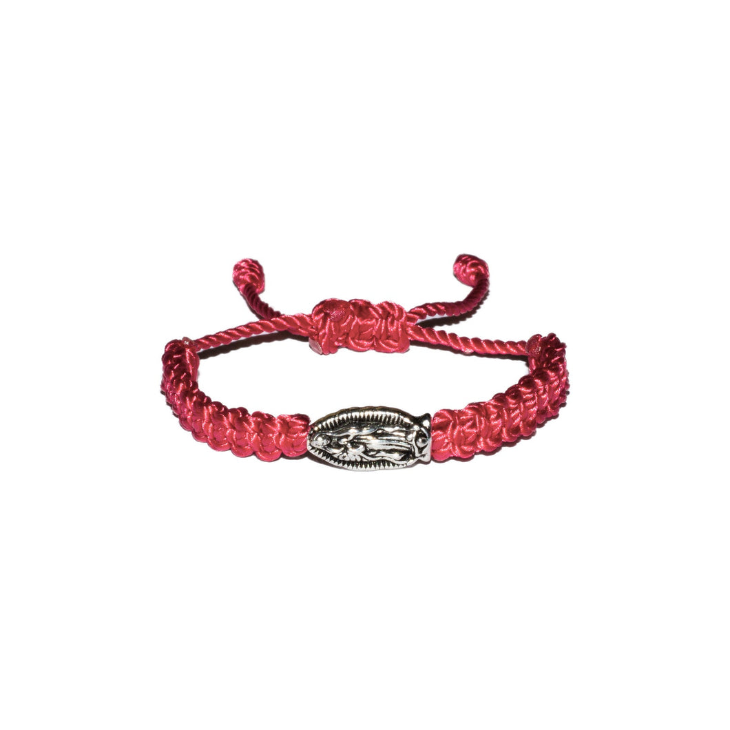 Our Lady Of Guadalupe Silver Bead Macrame Baby Bracelet (Pink String)