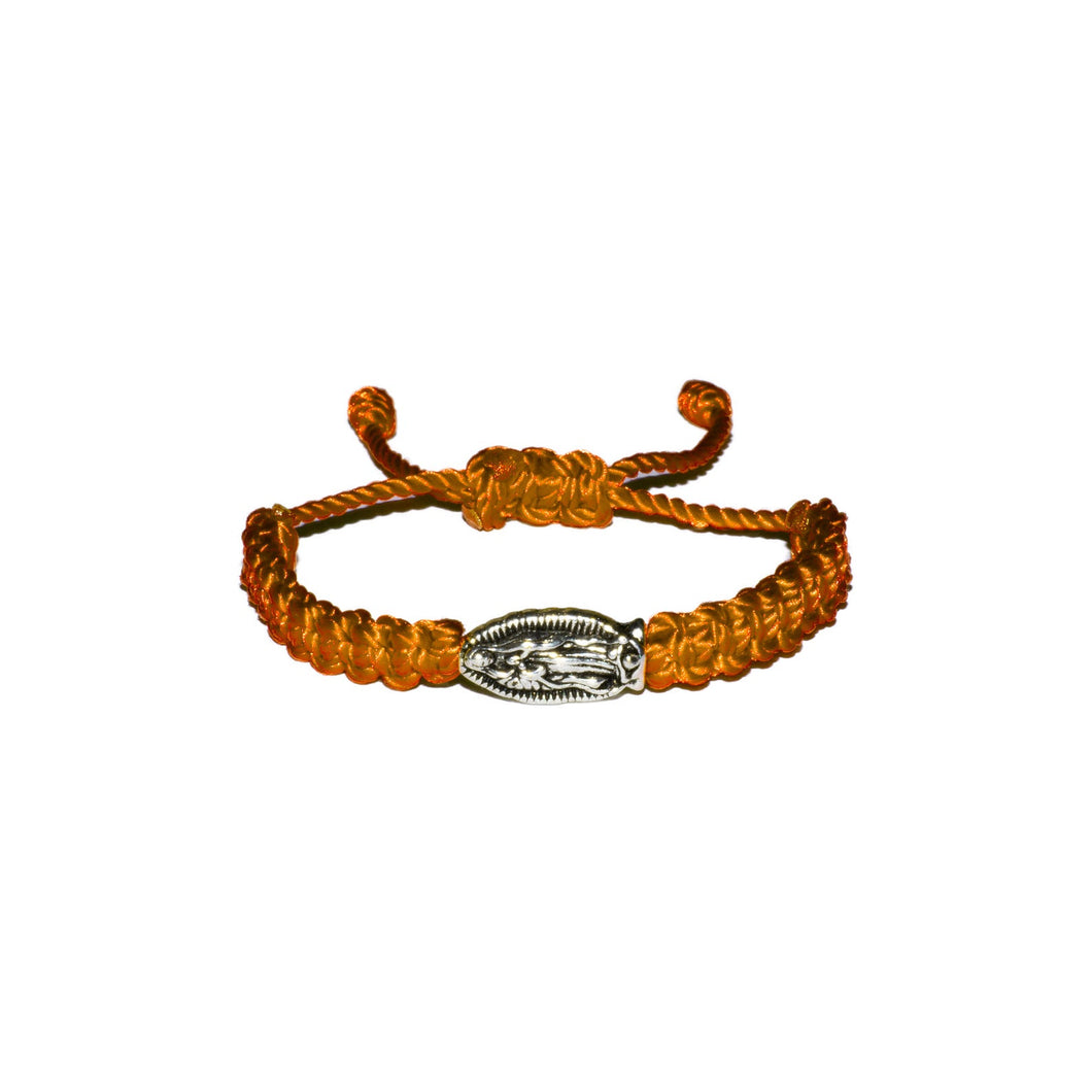 Our Lady Of Guadalupe Silver Bead Macrame Baby Bracelet (Neon Orange String)