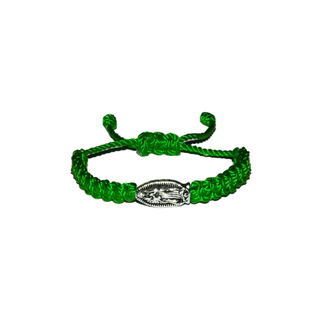 Our Lady Of Guadalupe Silver Bead Macrame Baby Bracelet (Neon Green String)