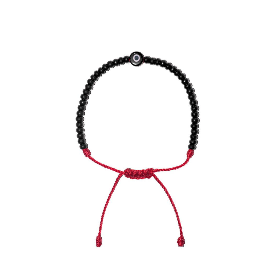 Flat Black Evil Eye w/ Black Czech Beads Bracelet (Red String)