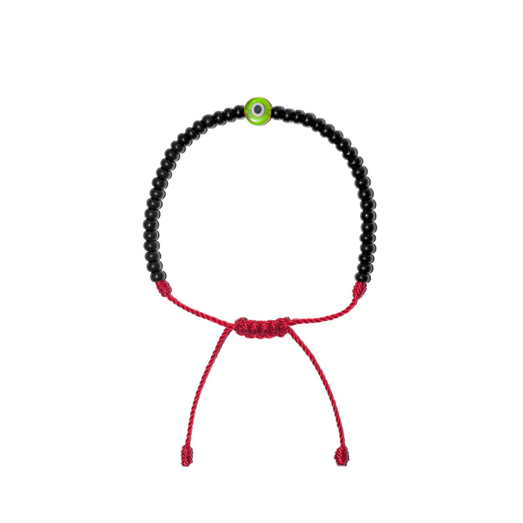 Flat Green Evil Eye w/ Black Czech Beads Bracelet (Red String)