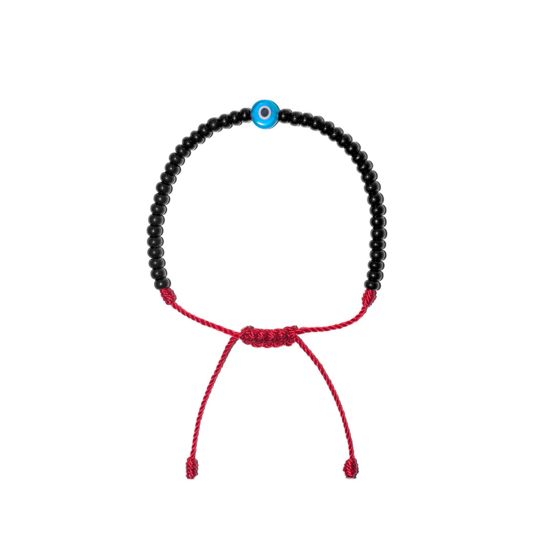 Flat Light Blue Evil Eye w/ Black Czech Beads Bracelet (Red String)