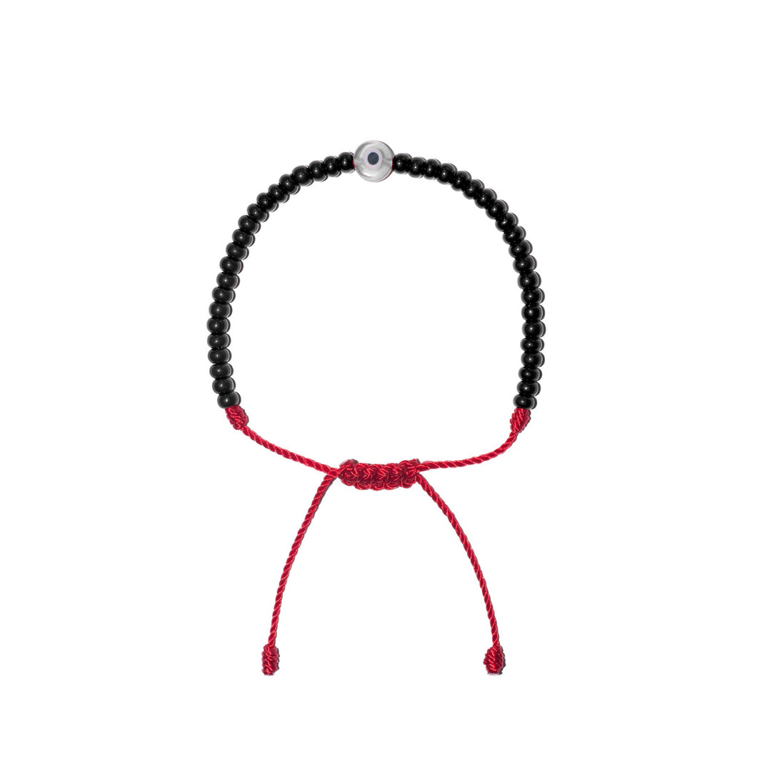 Flat White Evil Eye w/ Black Czech Beads Bracelet (Red String)