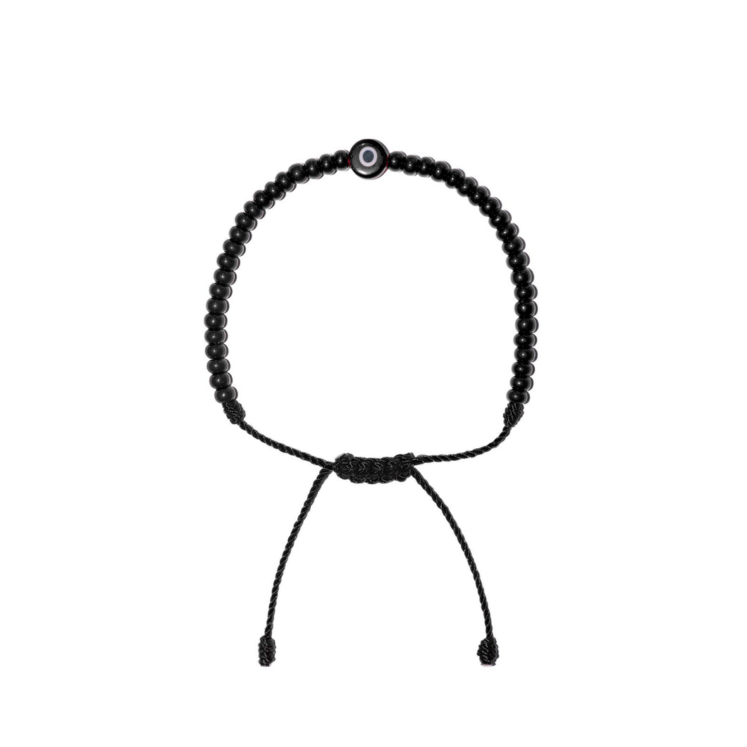 Flat Black Evil Eye w/ Black Czech Beads Bracelet (Black String)