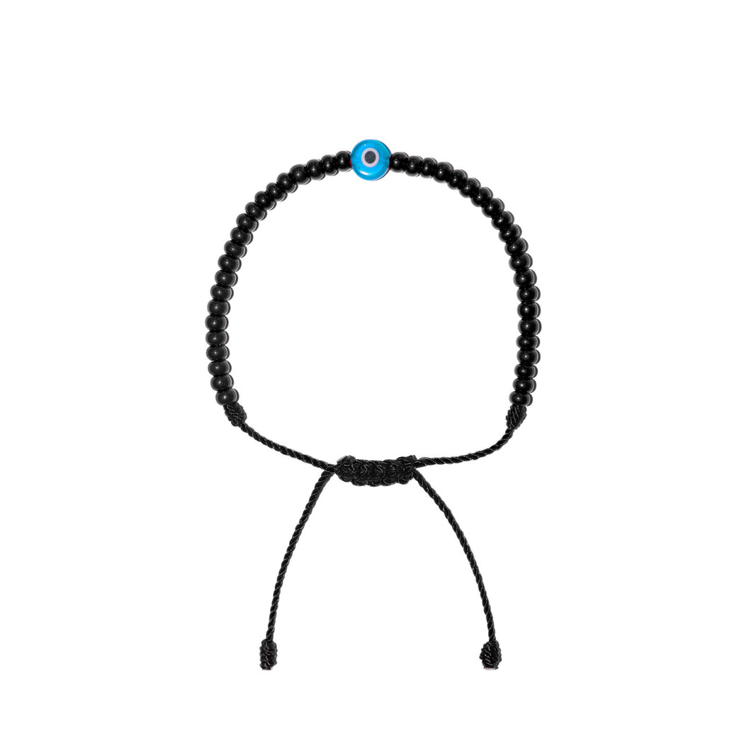 Flat Light Blue Evil Eye w/ Black Czech Beads Bracelet (Black String)