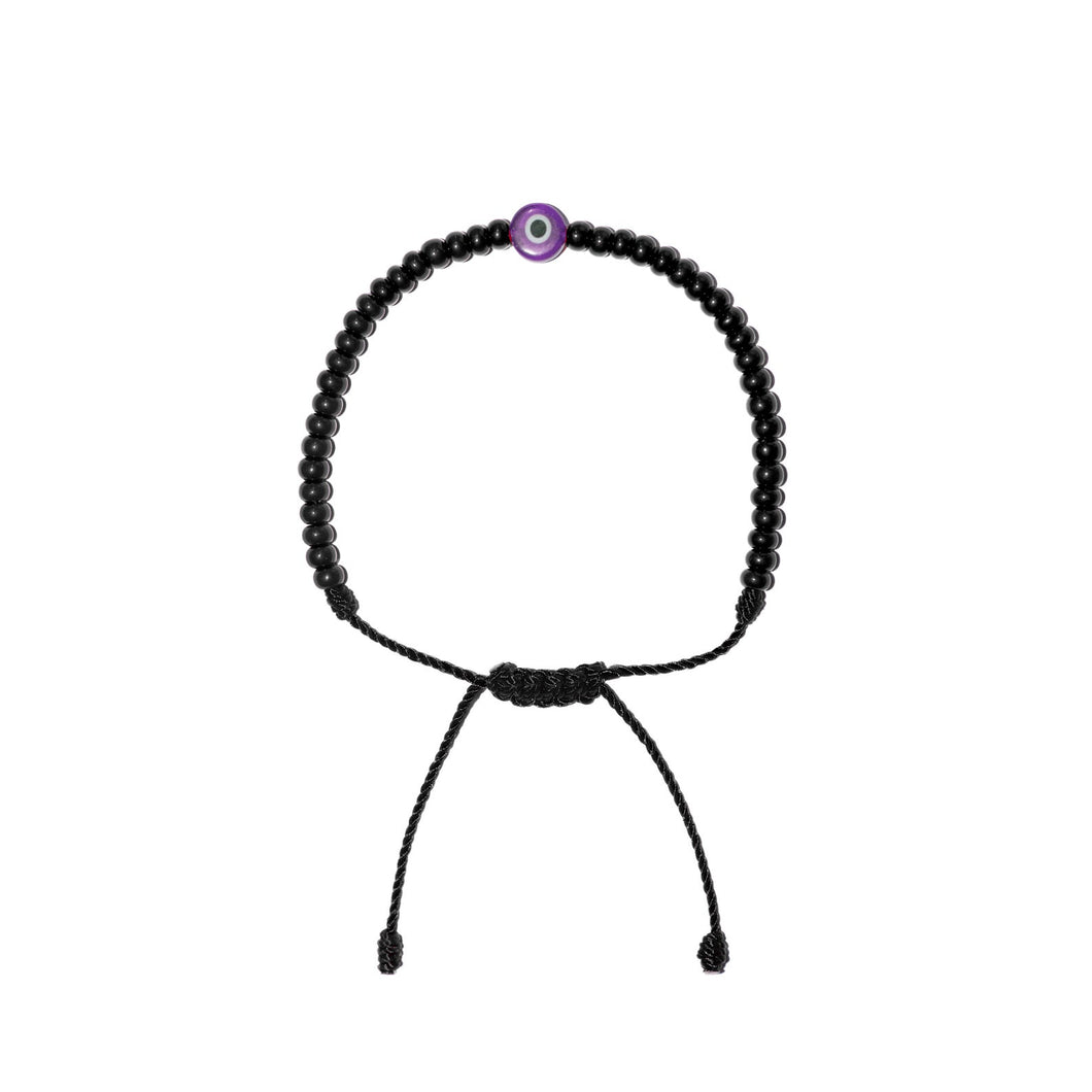 Flat Purple Evil Eye w/ Black Czech Beads Bracelet (Black String)