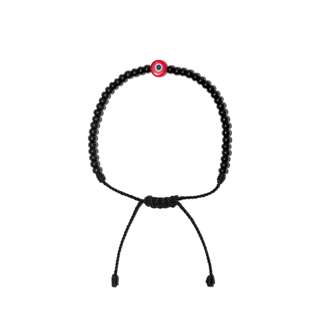 Flat Red Evil Eye w/ Black Czech Beads Bracelet (Black String)