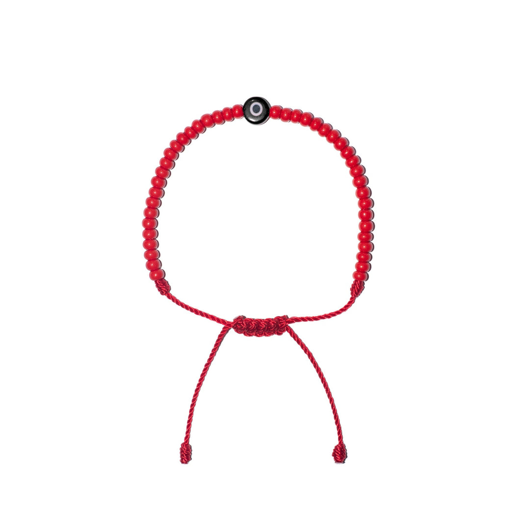 Flat Black Evil Eye w/ Red Czech Beads Bracelet (Red String)