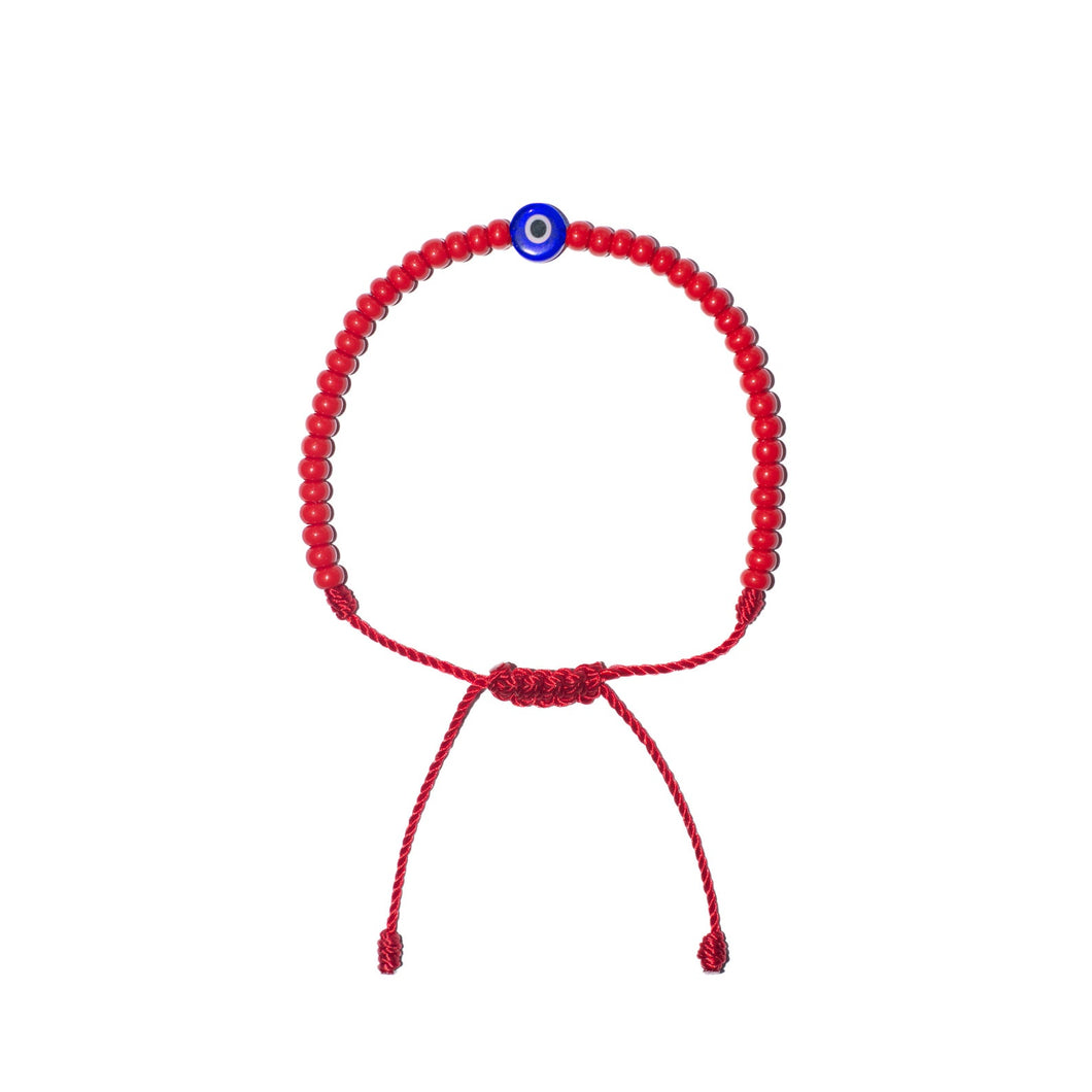 Flat Blue Evil Eye w/ Red Czech Beads Bracelet (Red String)