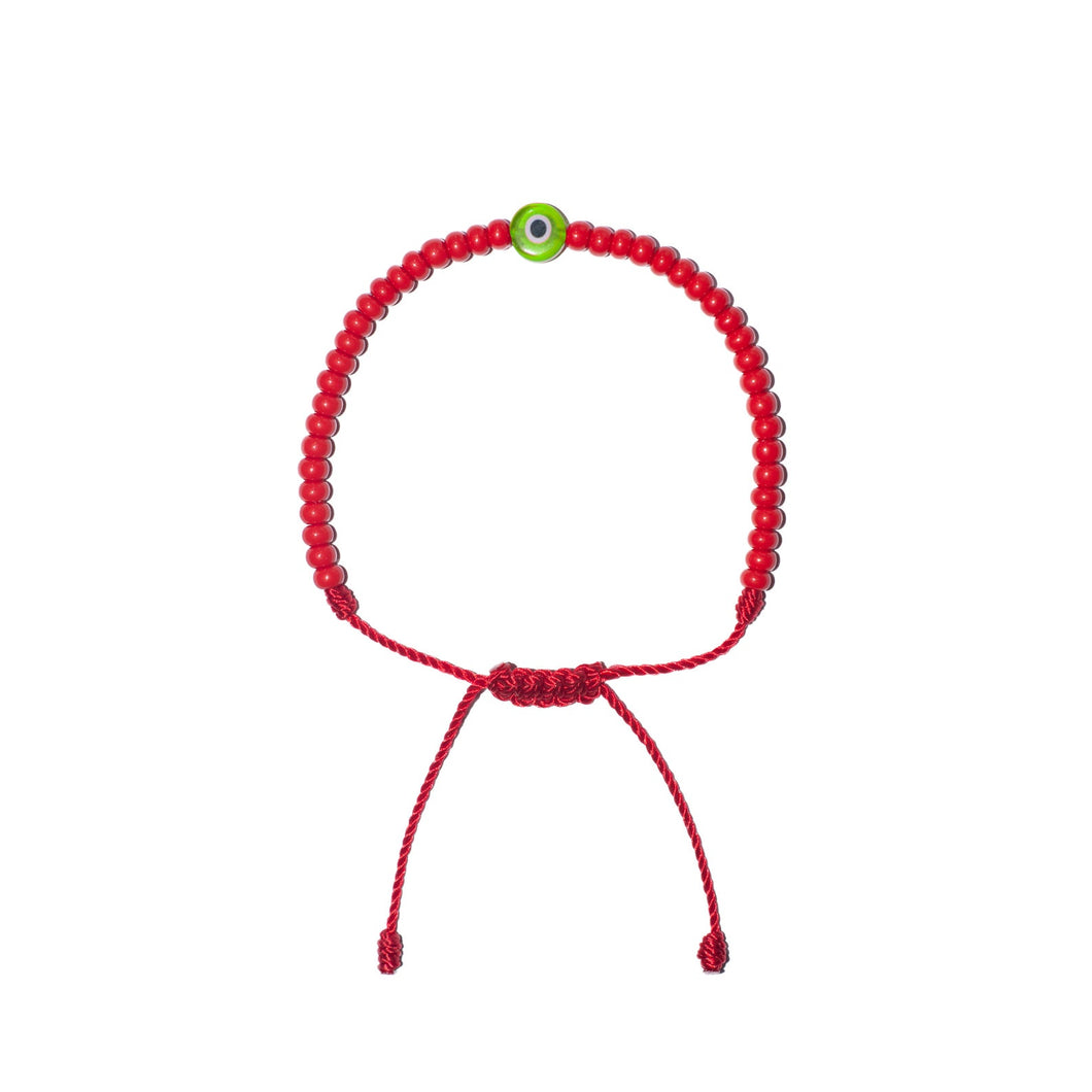 Flat Green Evil Eye w/ Red Czech Beads Bracelet (Red String)