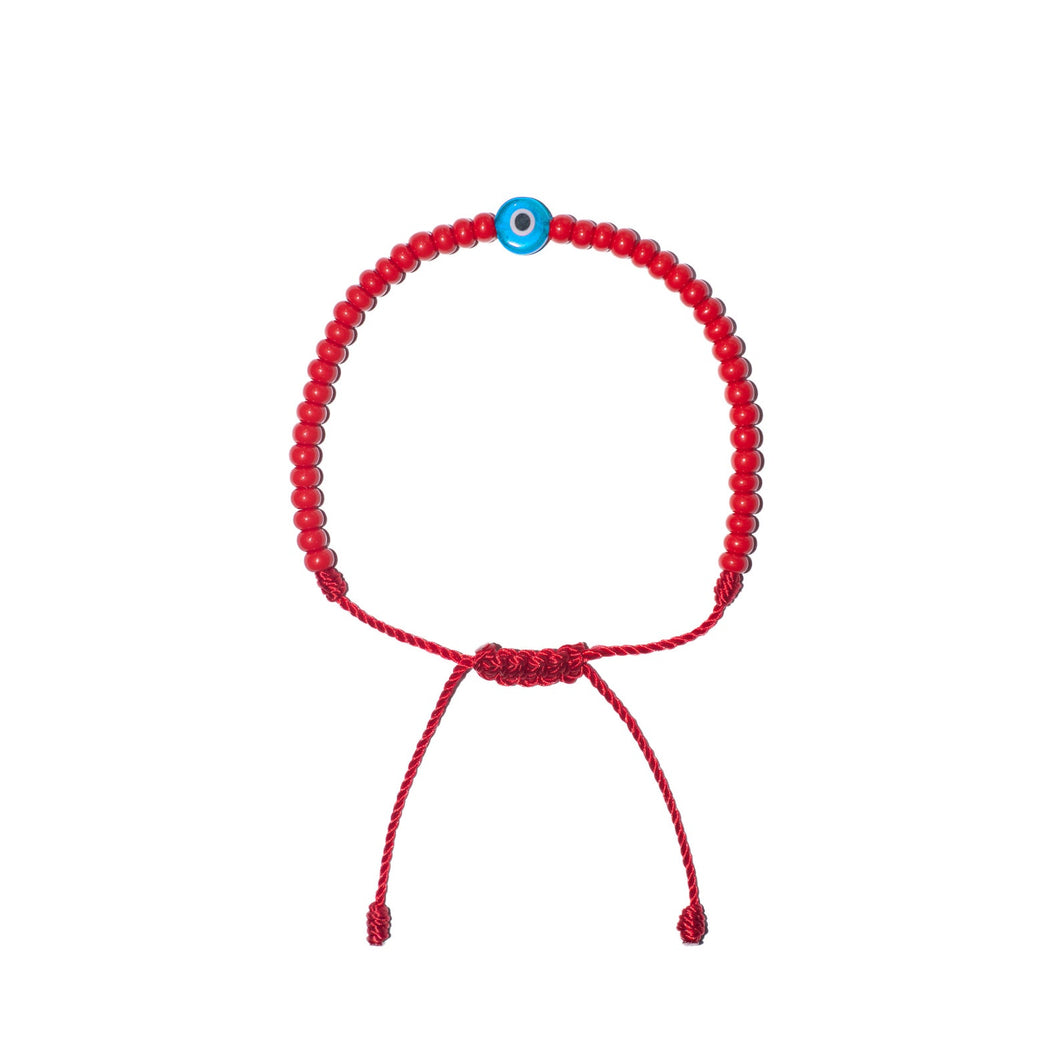 Flat Light Blue Evil Eye w/ Red Czech Beads Bracelet (Red String)