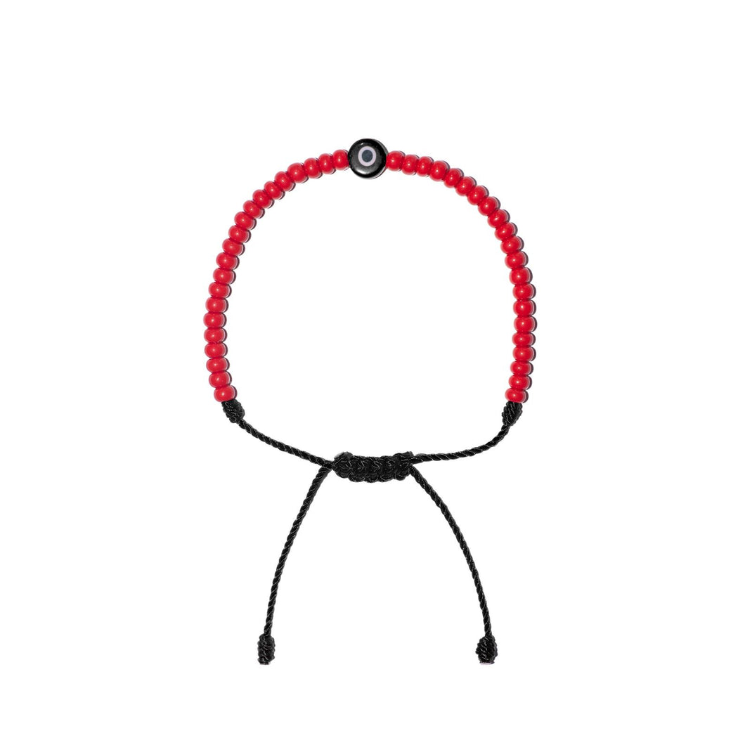 Flat Black Evil Eye w/ Red Czech Beads Bracelet (Black String)