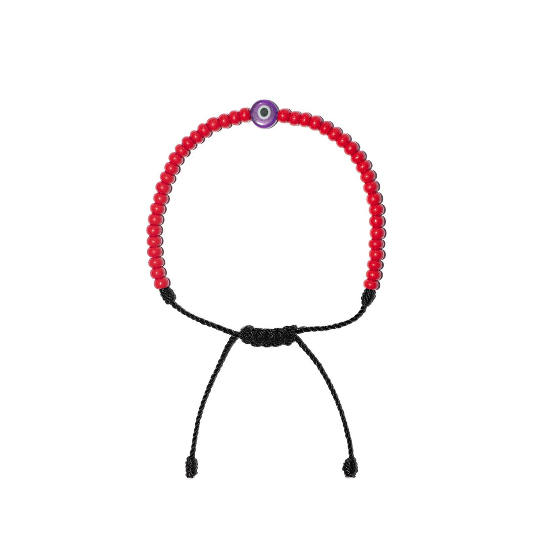 Flat Purple Evil Eye w/ Red Czech Beads Bracelet (Black String)