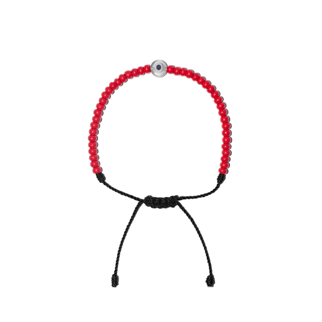 Flat White Evil Eye w/ Red Czech Beads Bracelet (Black String)