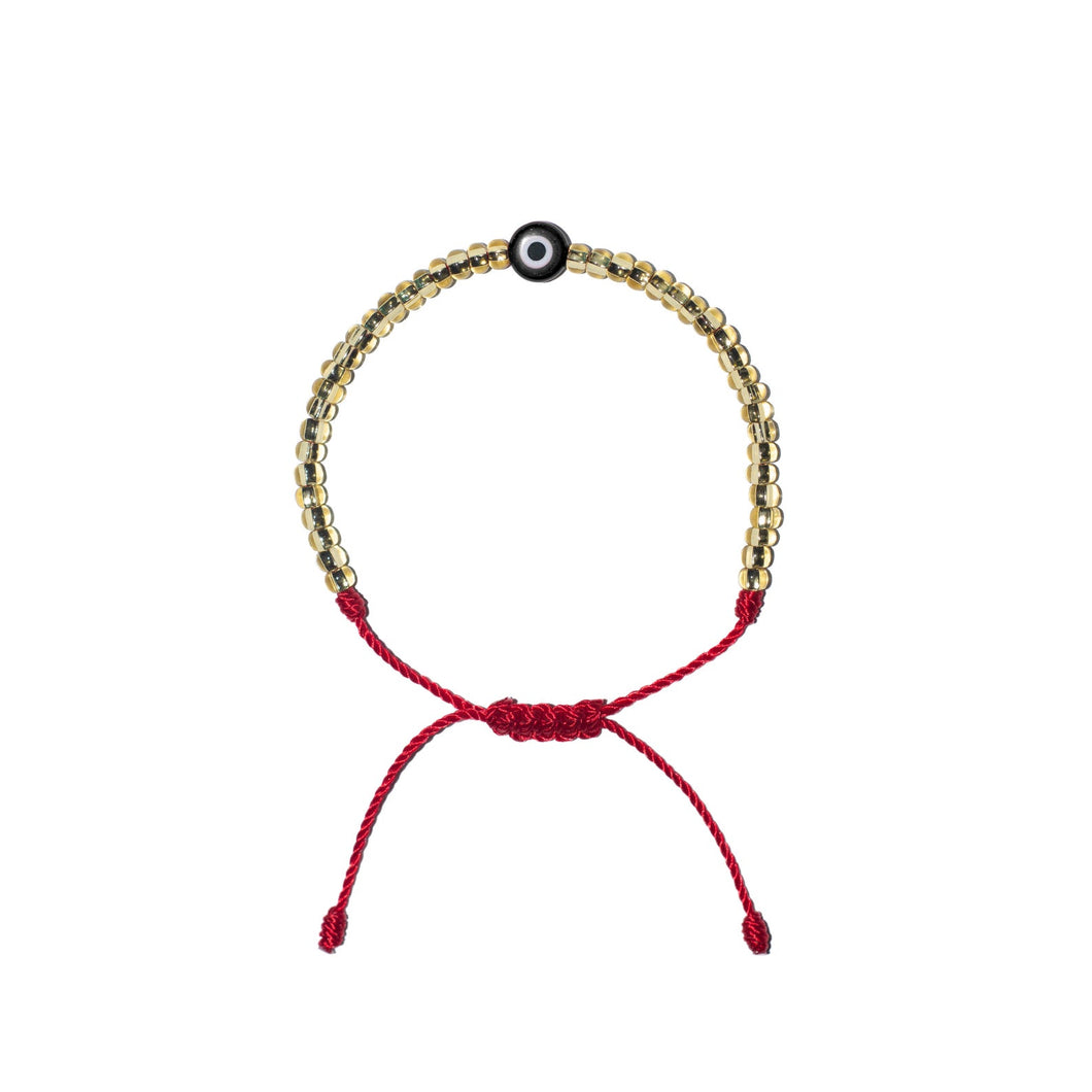 Flat Black Evil Eye w/ Gold Czech Beads Bracelet (Red String)