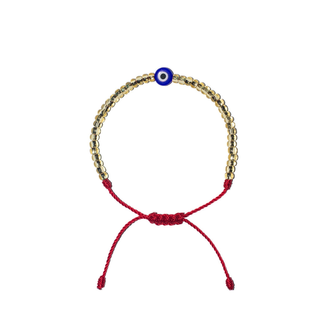 Flat Blue Evil Eye w/ Gold Czech Beads Bracelet (Red String)