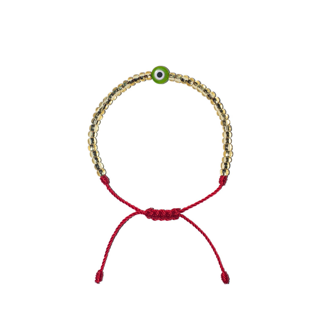 Flat Green Evil Eye w/ Gold Czech Beads Bracelet (Red String)