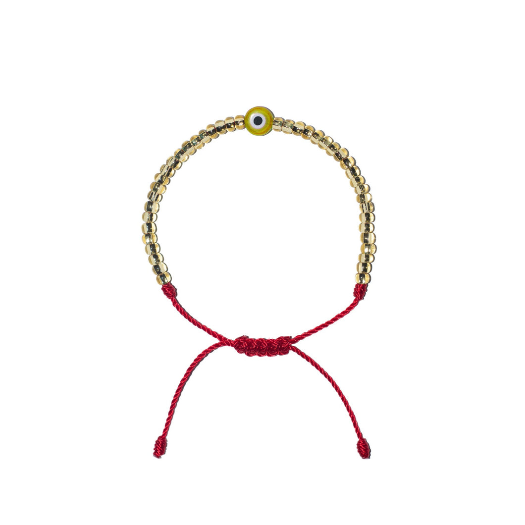 Flat Yellow Evil Eye w/ Gold Czech Beads Bracelet (Red String)