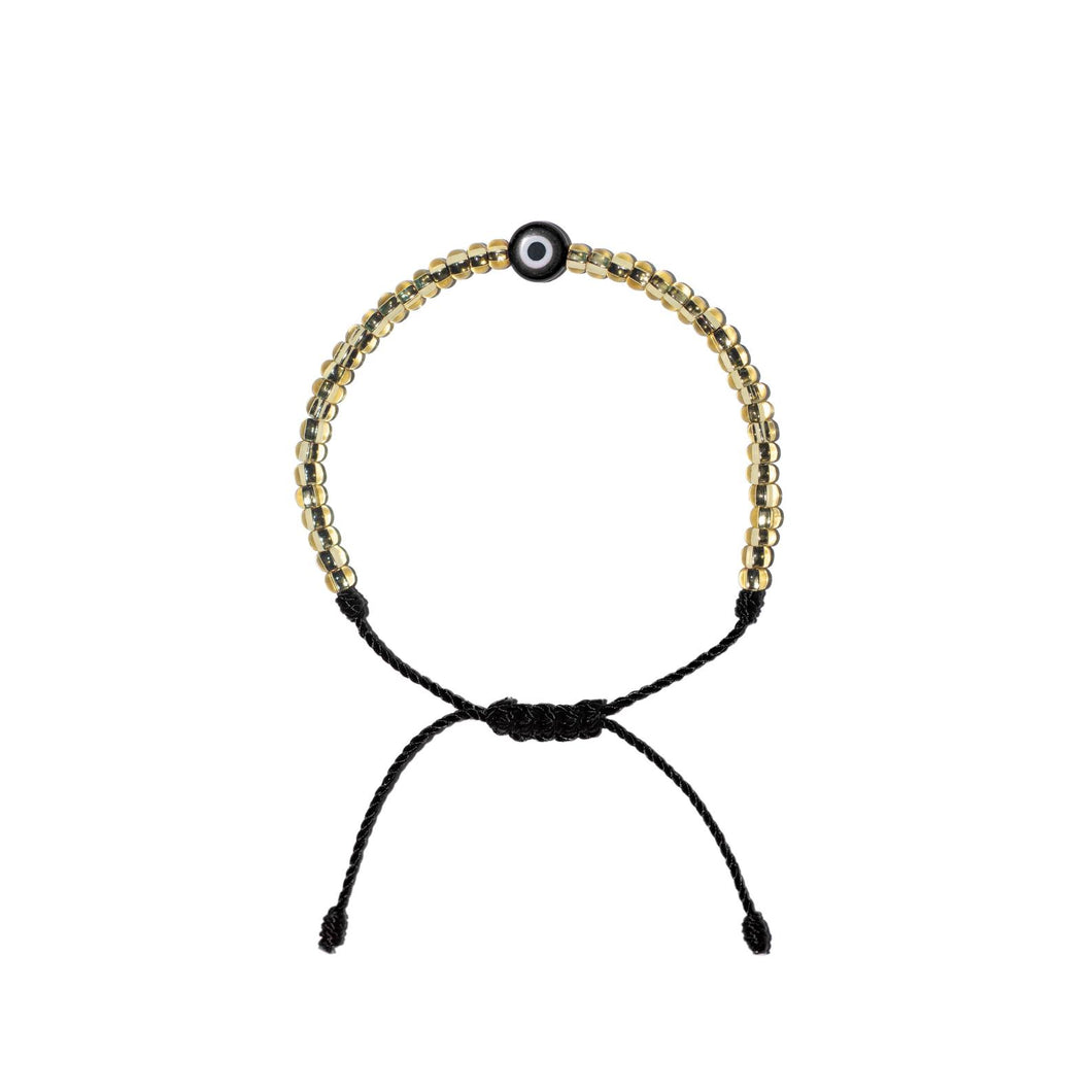 Flat Black Evil Eye w/ Gold Czech Beads Bracelet (Black String)