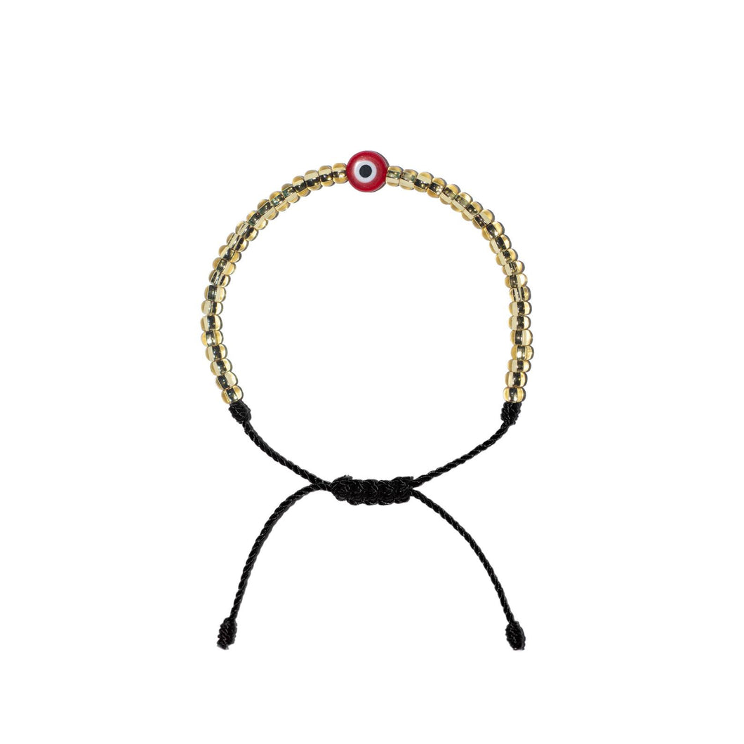 Flat Red Evil Eye w/ Gold Czech Beads Bracelet (Black String)