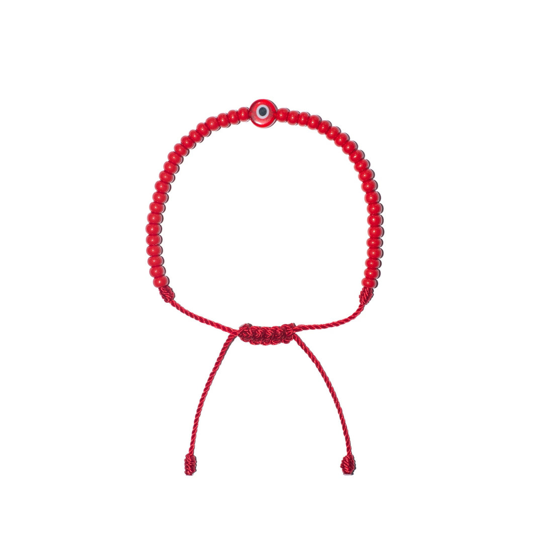 Flat Red Evil Eye w/ Red Czech Beads Bracelet (Red String)