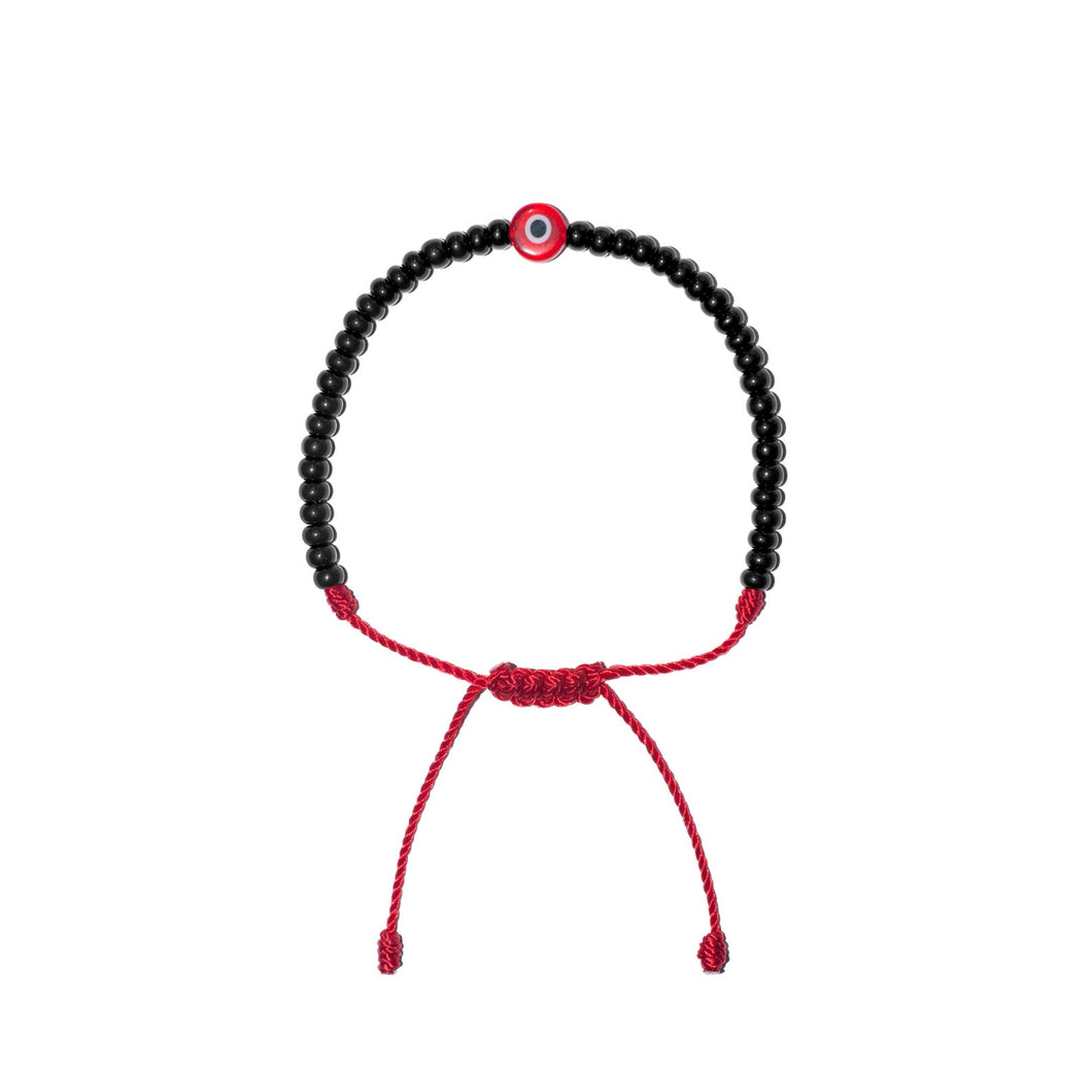 Flat Red Evil Eye w/ Black Czech Beads Bracelet (Red String)