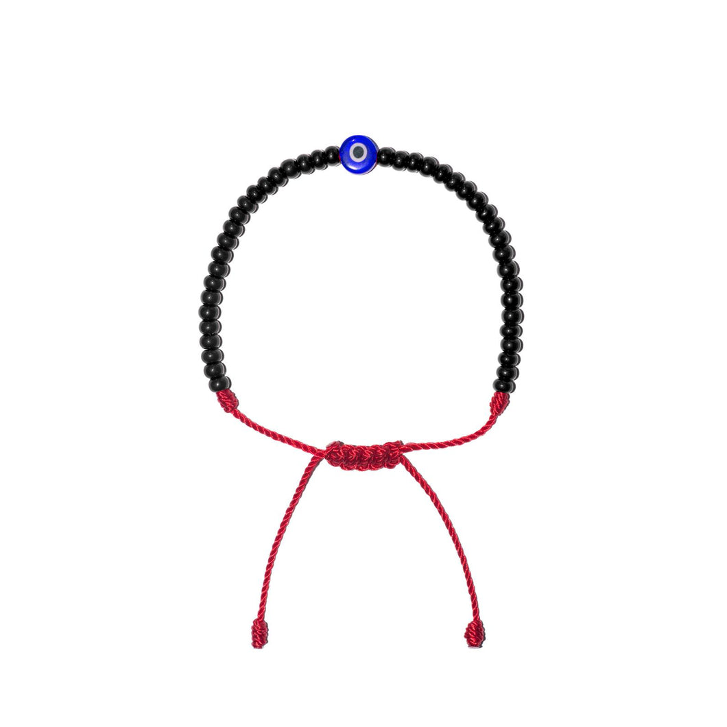 Flat Blue Evil Eye w/ Black Czech Beads Bracelet (Red String)