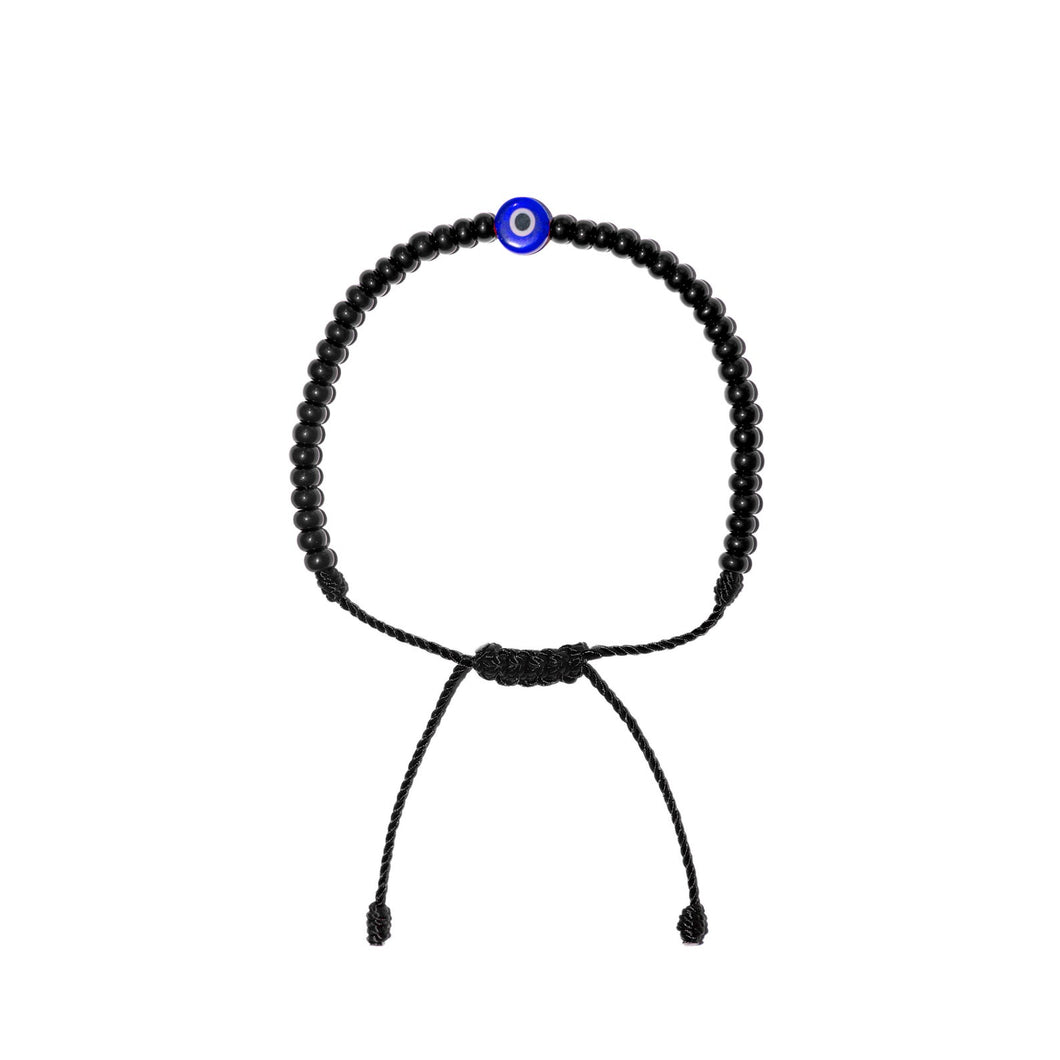 Flat Blue Evil Eye w/ Black Czech Beads Bracelet (Black String)