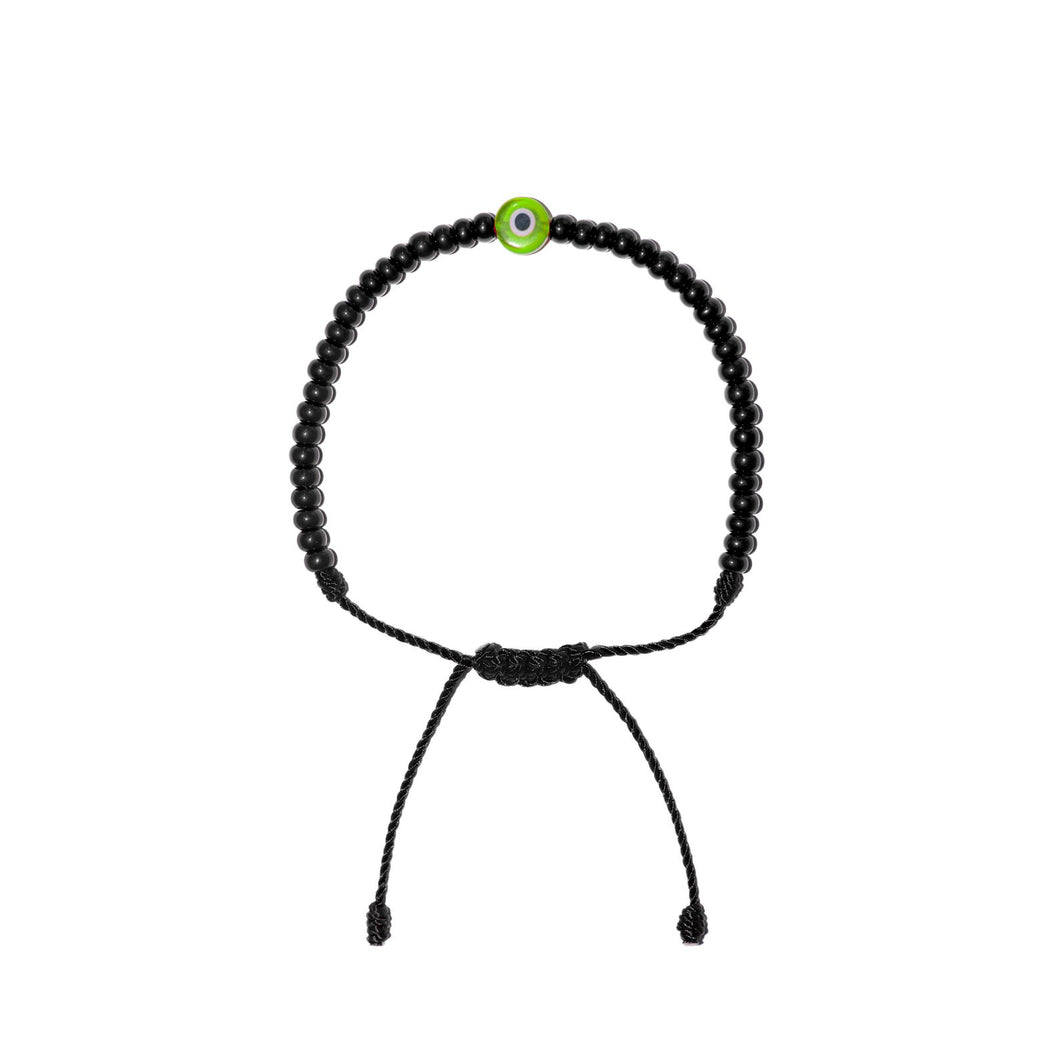 Flat Green Evil Eye w/ Black Czech Beads Bracelet (Black String)