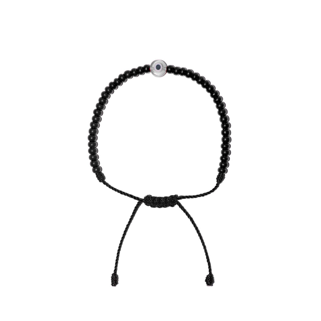 Flat White Evil Eye w/ Black Czech Beads Bracelet (Black String)