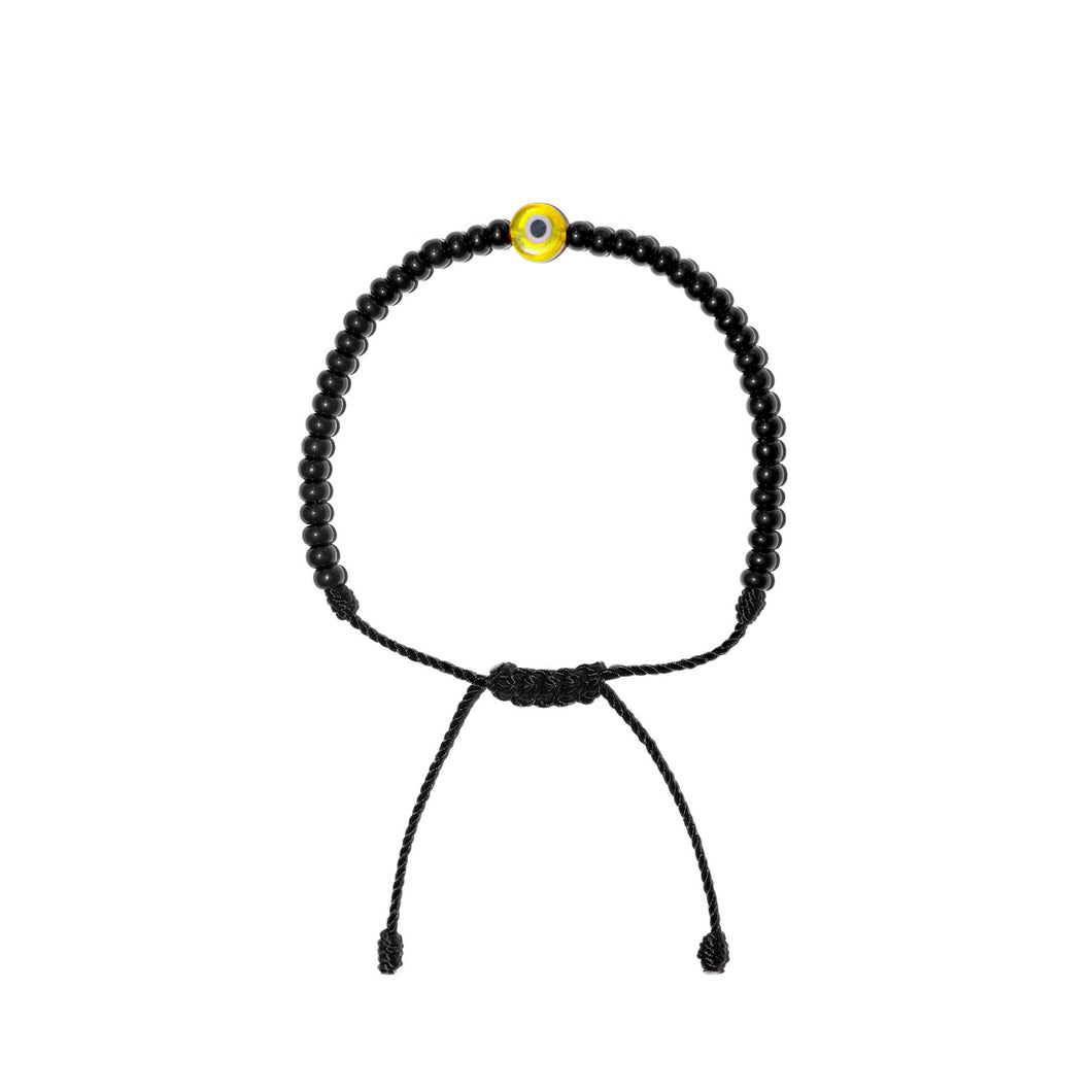 Flat Yellow Evil Eye w/ Black Czech Beads Bracelet (Black String)