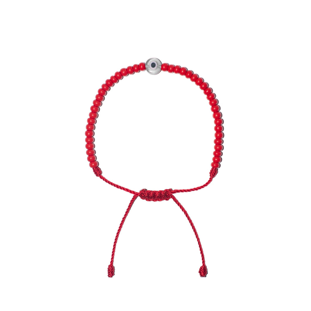 Flat White Evil Eye w/ Red Czech Beads Bracelet (Red String)