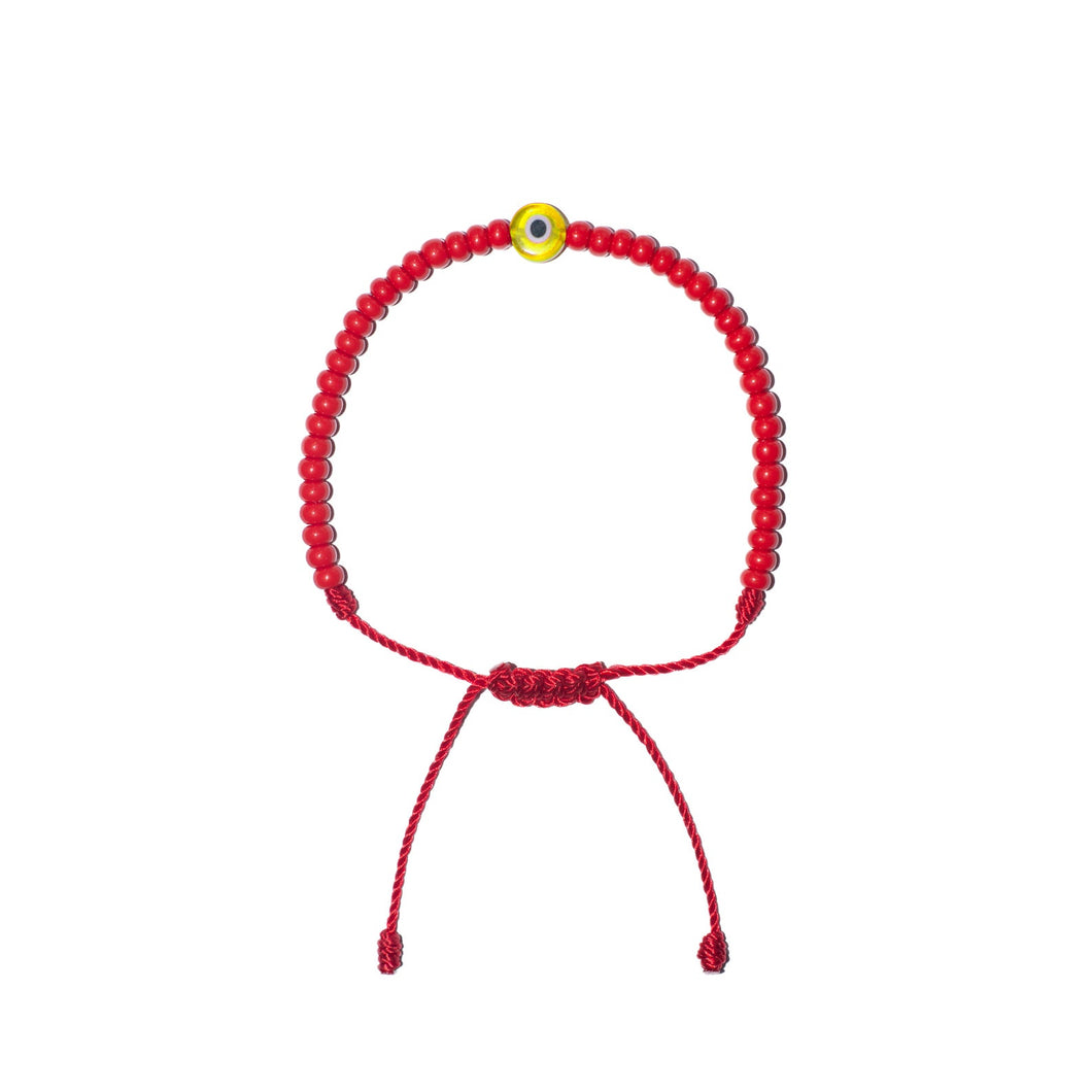 Flat Yellow Evil Eye w/ Red Czech Beads Bracelet (Red String)