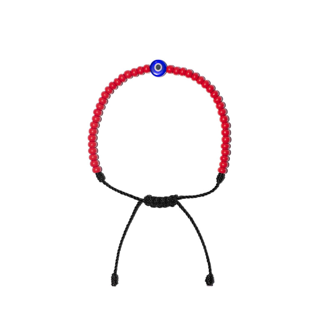 Flat Blue Evil Eye w/ Red Czech Beads Bracelet (Black String)