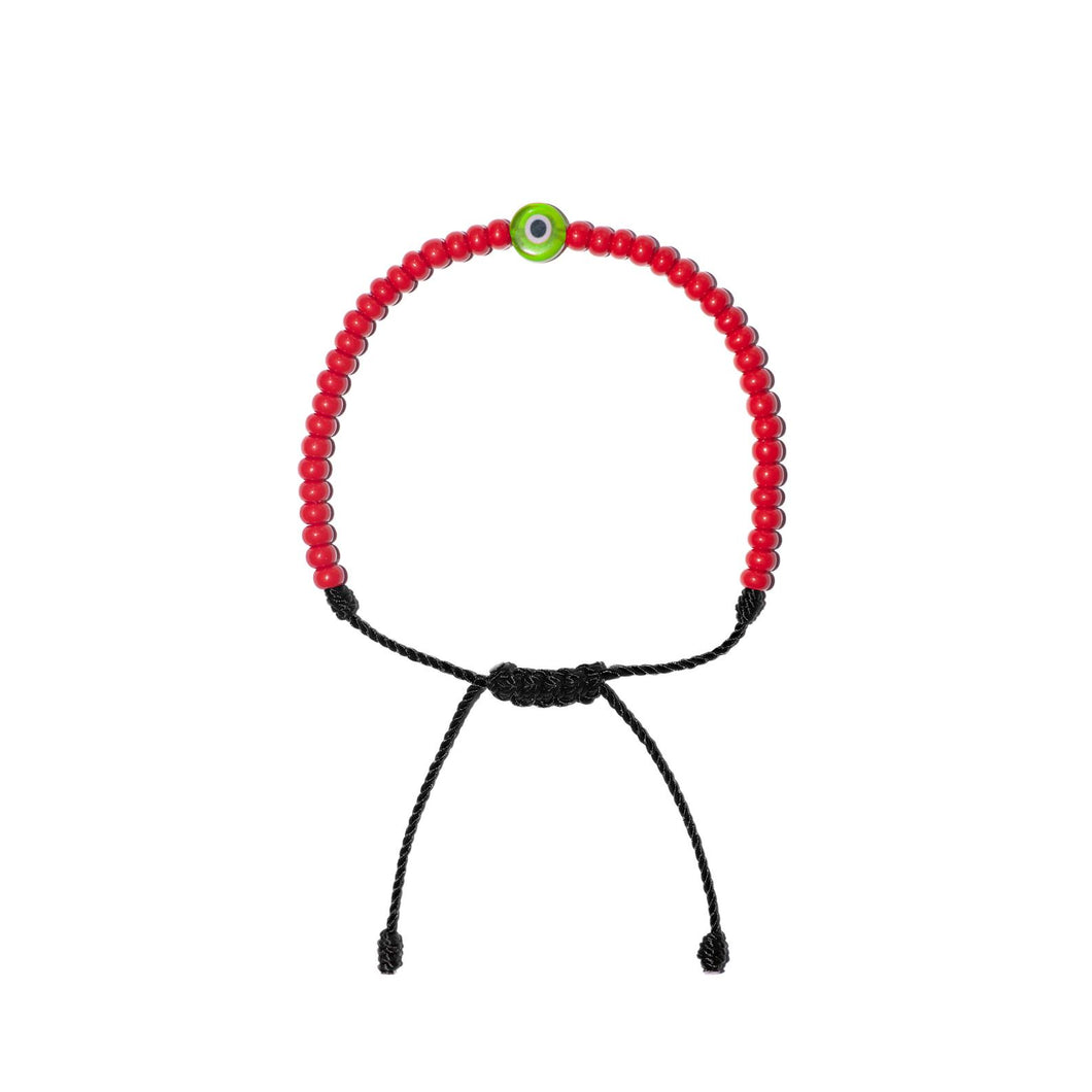 Flat Green Evil Eye w/ Red Czech Beads Bracelet (Black String)