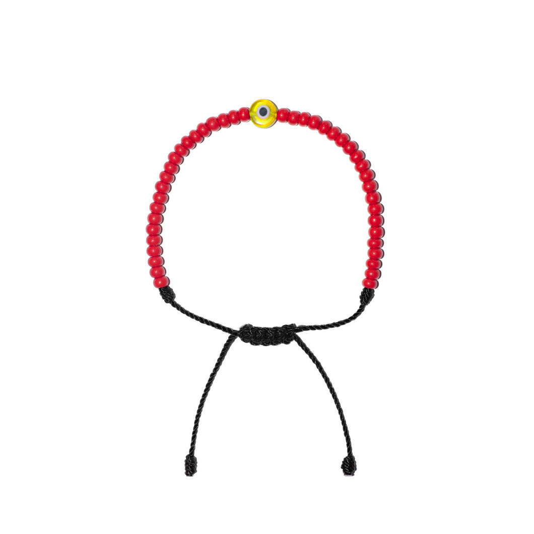 Flat Yellow Evil Eye w/ Red Czech Beads Bracelet (Black String)