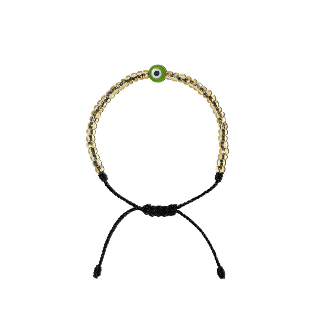 Flat Green Evil Eye w/ Gold Czech Beads Bracelet (Black String)