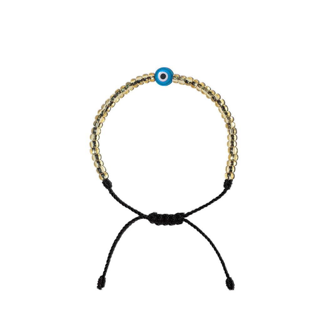 Flat Light Blue Evil Eye w/ Gold Czech Beads Bracelet (Black String)