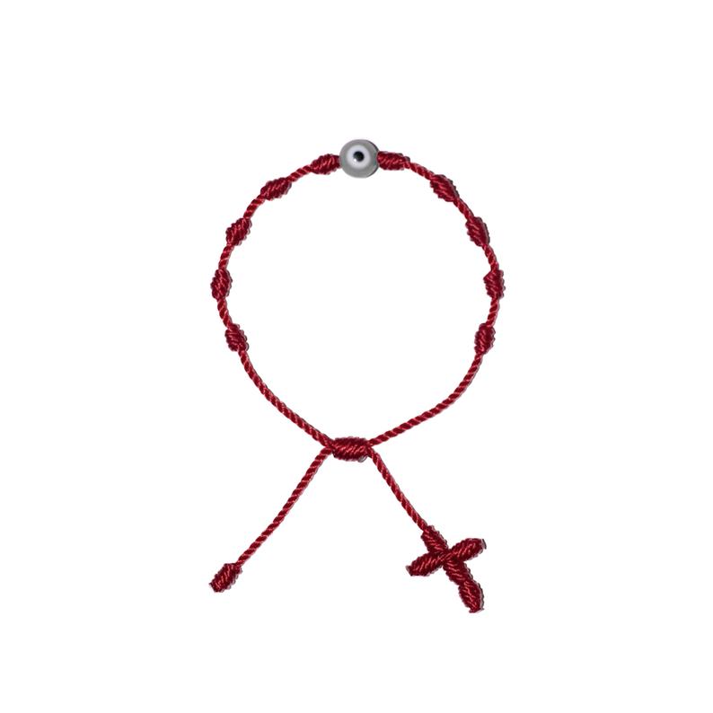 White Evil Eye Adult Rosary Bracelet (Burgundy String)