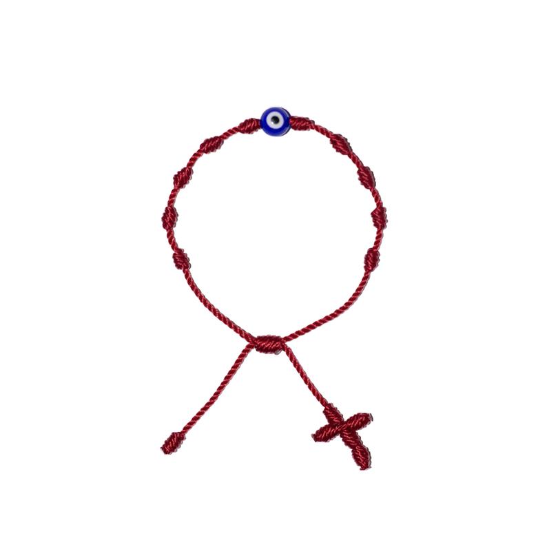 Blue Evil Eye Adult Rosary Bracelet (Burgundy String)