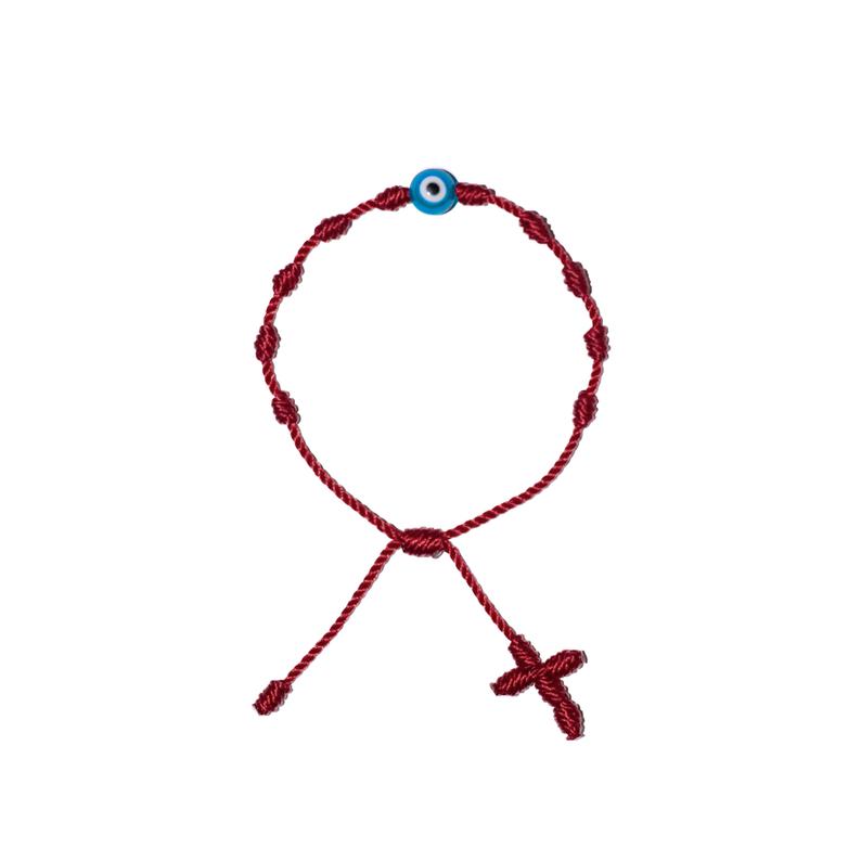 Light Blue Evil Eye Adult Rosary Bracelet (Burgundy String)