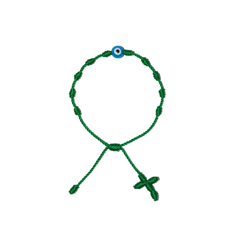 Light Blue Evil Eye Adult Rosary Bracelet (Green String)