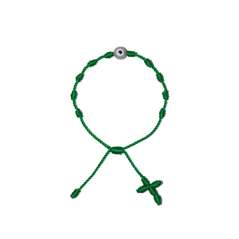 White Evil Eye Adult Rosary Bracelet (Green String)