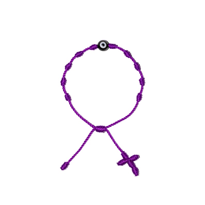 Black Evil Eye Adult Rosary Bracelet (Purple String)