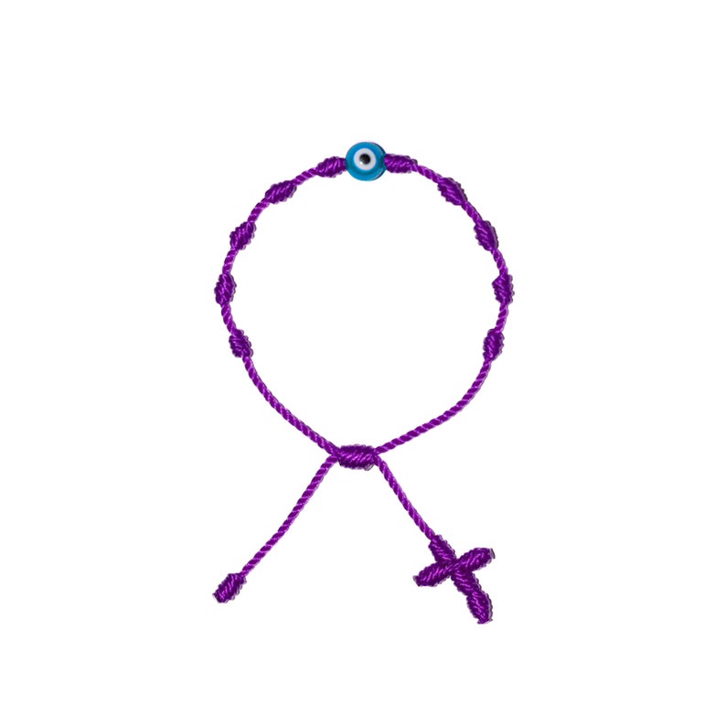 Light Blue Evil Eye Adult Rosary Bracelet (Purple String)