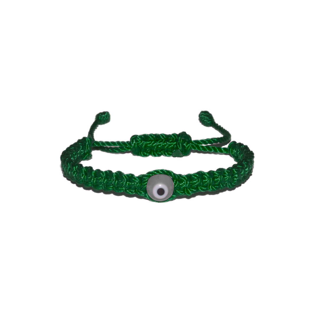 White Evil Eye Macrame Bracelet (Green String)