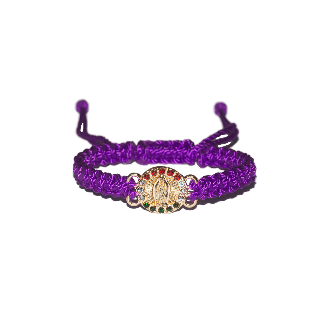 Gold Plated Our Lady of Guadalupe Macrame Bracelet (Purple String)