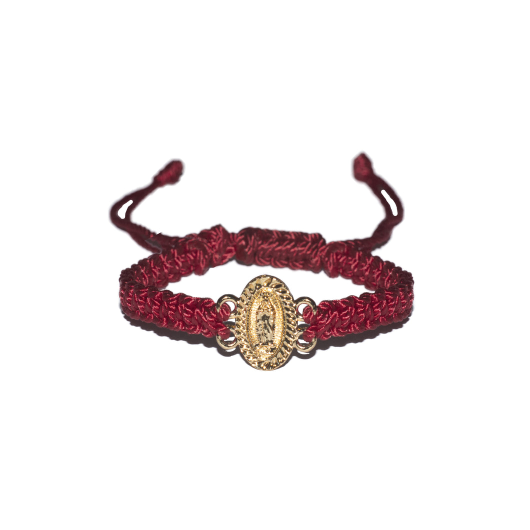 Gold Plated Our Lady of Guadalupe Macrame Bracelet - Style No. 2 (Burgundy String)